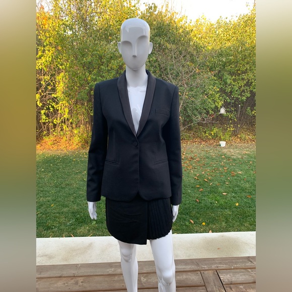 Zara black 100% Wool tuxedo style long blazer shiny black satin collar US Large - Picture 5 of 14